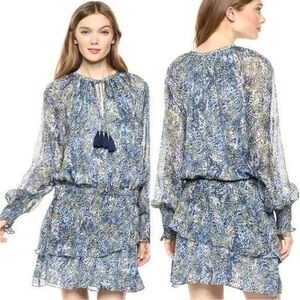 RAMY BROOK‎ Tiered Tassel Tie Neck Blouson Dress  Brinley Blue Floral Size Med